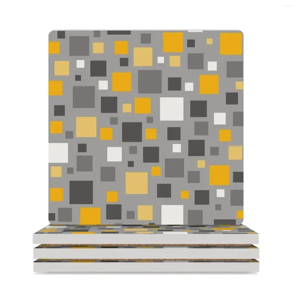 Tapis de Table carrés jaune moutarde et gris, sous-verres en céramique à pois (carrés), support de tapis de théière personnalisé