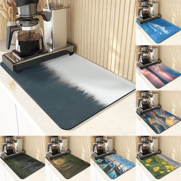 Tapis de Table de Style paysage naturel, sous-verres en Silicone pour la cuisine, impression de paysage, tampon de tasse, séchage des plats dans le