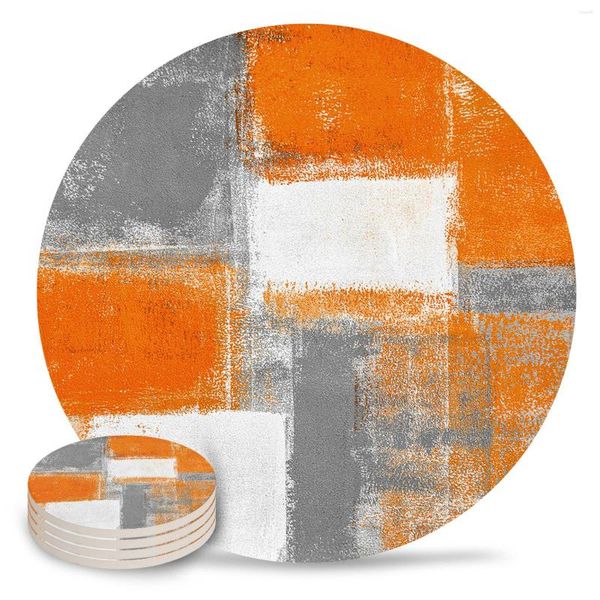 Manteles de mesa pintura al óleo abstracto geométrico naranja redondo de cerámica taza de café almohadilla de té mantel de cocina decoración 4 Uds