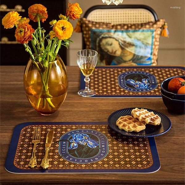 Tapetes de mesa Serie de pintura al óleo Cena Pad 2pcs / Pack Placemates de cuero Resistente al calor Lavable Diseñador Floral Iris Decoración del hogar Lujo