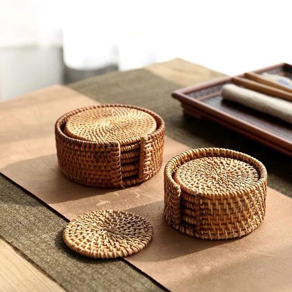 Tapetes de mesa, 1 Uds., posavasos de ratán Natural redondos hechos a mano, almohadilla aislante para cocina, decoración de cuencos