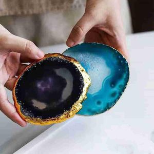 Tafelmatten kussens agaat plak blauw theekopbak decoratief ontwerp steengouden randen home decor Gemstone