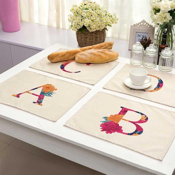 Alfombrillas de mesa con diseño de letras y flores, alfombrilla de lino y algodón, alfombrilla para cuenco de comedor, mantel individual para cocina, 42 32cm, decoración del hogar, ZM0001, alfombrillas