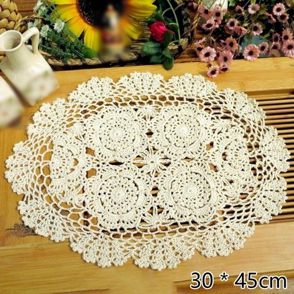 Table Mats Pads Set de Table Ovale Napperon Vintage Main Crochet Coton Dentelle Napperons Floral Beige/Blanc Cuisine Outils Gadgets Accessoires Tapis