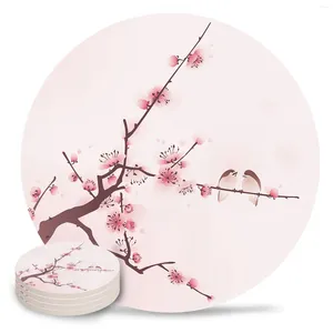 Tapis de Table en forme de fleur de cerisier rose, ensemble de sous-verres en céramique de Style encre, napperons ronds antidérapants, tapis de tasse de boisson à café, décoration de maison