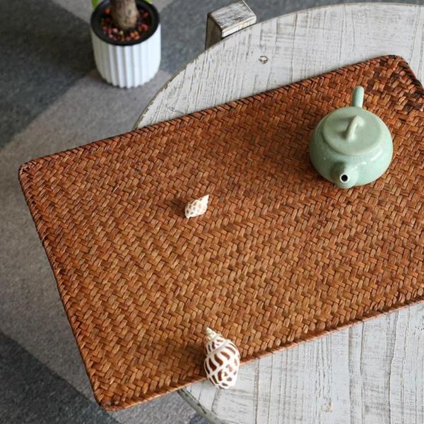 Tapis de Table en rotin, rectangulaire, en herbe de mer, tasse à thé en paille naturelle, accessoires de table de cuisine tissés à la main