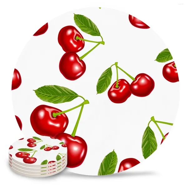 Tapis de Table fruits cerises rouges, café rond blanc, accessoires de cuisine, sous-verres en céramique absorbants
