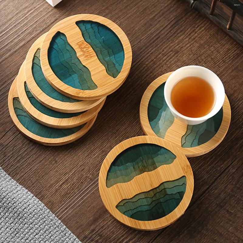 Table Mats Round Cup Pad Epoxy Resin Transparent Bamboo Insulation Landscape Pattern Tea Holder Potholder Mat For Kitchen