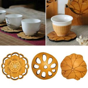 Tapis de table rond en forme de feuille de lotus tapis de thé tasse en bambou napperon isolation délicat gravé antidérapant