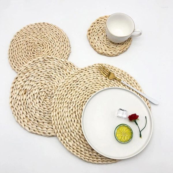 Manteles individuales redondos de ratán, cáscara de maíz natural, posavasos tejidos a mano para comedor, cocina, 38cm