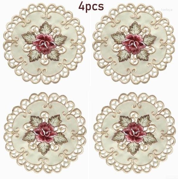 Lot de 4 sets de table ronds à fleurs en dentelle blanche brodée Napperons Chemin de table