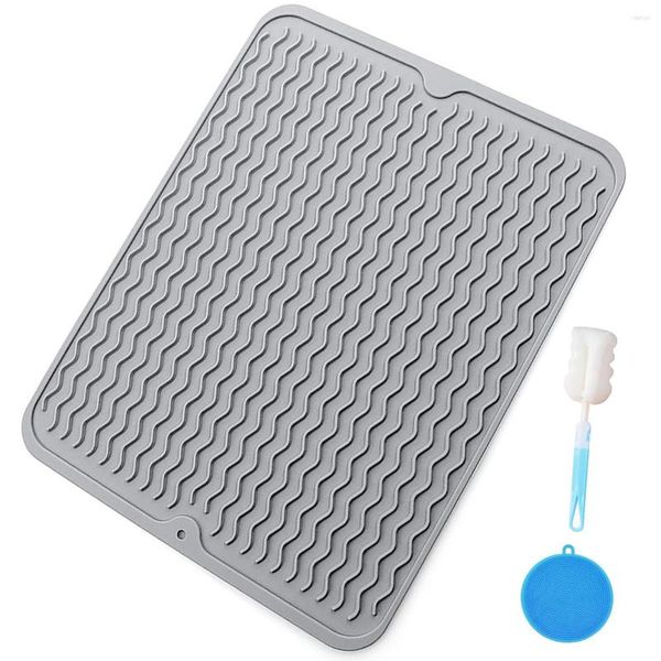 Tapis de table Séchage de vaisselle en silicone avec épurateur et brosse de nettoyage en éponge pour tapis d'égouttoir de comptoir