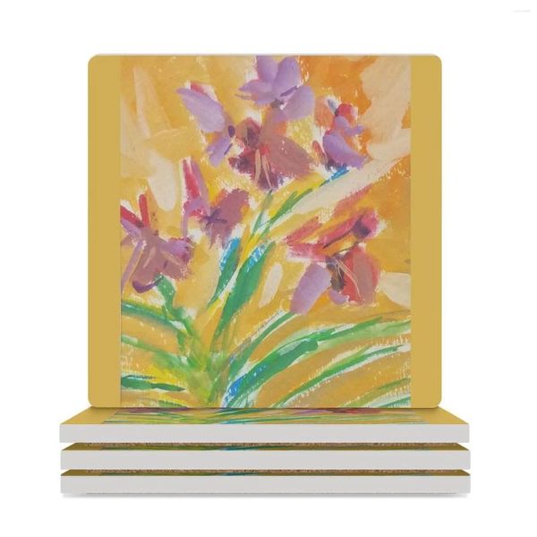 Tapetes De Mesa Pequeñas Orquídeas Púrpuras (Pintura Original) Posavasos De Cerámica (Cuadrados) Para Estera De Cerámica Platos Bebidas Estéticas