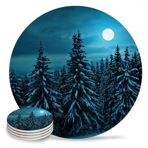 Tapetes de mesa con escena de nieve, juego de cerámica con luna nocturna y bosque, manteles individuales redondos para cocina, decoración de lujo, posavasos para taza para té y café