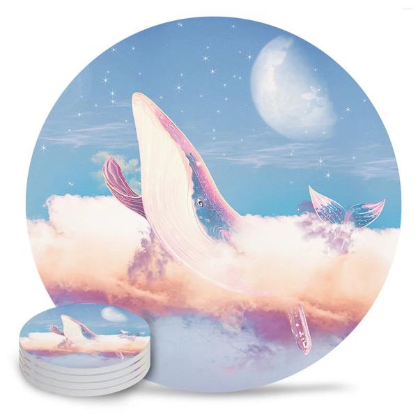 Tapis de Table rond en céramique, baleine étoilée, nuages, tasse à café, thé, napperon antidérapant, tampons de vaisselle, décorations