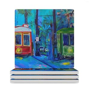 Placemats Tram Love Story (acrylschilderij) Keramische onderzetters (vierkant) Dierenbekerset Schattige theekopjes