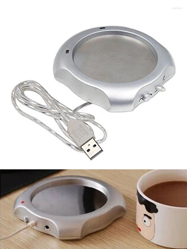 Tafelmatten Stijlvol zilveren USB -verwarmingsplaat voor koffiethee en geniet meer van uw favoriete dranken op de perfecte temperatuur