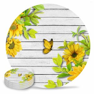 Tafel matten zonnebloem bloem vlinder houten bord keramische set koffie thee kopje onderzetters keuken accessoires round placemat