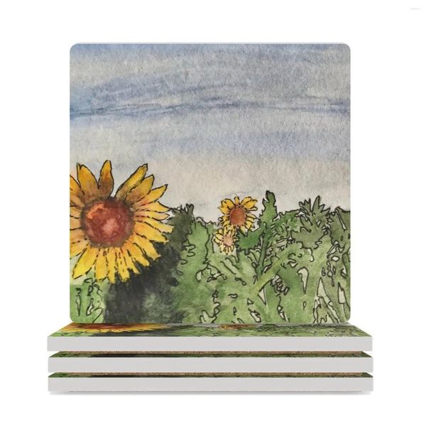 Tapetes de mesa Girasoles al amanecer Posavasos de cerámica (cuadrados) Portavasos creativo Linda cocina para té