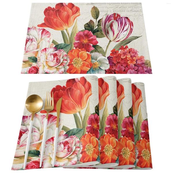 Tapis de Table Vintage fleurs tulipes peinture à l'huile, napperon décor de fête de mariage, tapis en lin, accessoires de cuisine, serviette