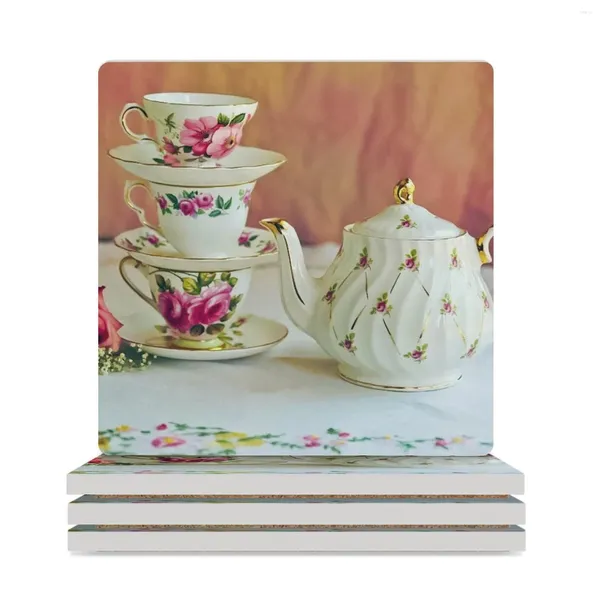 Tapis de Table tasses à thé et Pot en porcelaine Vintage, sous-verres en céramique (carrés), ensemble de café pour manger