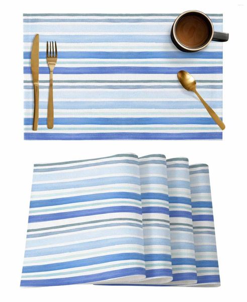 Tapis de table aquarelle Blue Stripes Cuisine Accessoires de décoration de salle à manger 4 / 6pcs Placemat Matte de vaisselle résistante à la chaleur