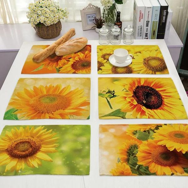 Tapetes de mesa. Mantel Individual de cocina con girasoles amarillos, tapete de comedor de lino y algodón con paisaje de hojas verdes, decoración del hogar