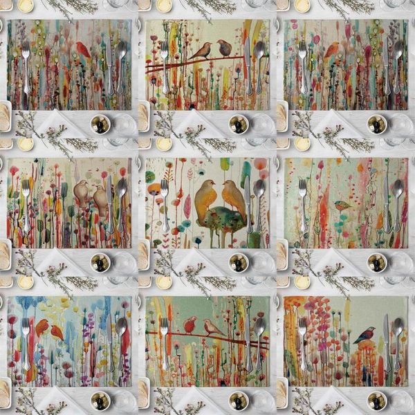 Tapis de table ZHENHE peint à motifs d'oiseaux et de champs de riz, napperon en tissu de coton et de lin, vaisselle de table en famille, tapis de cuisine