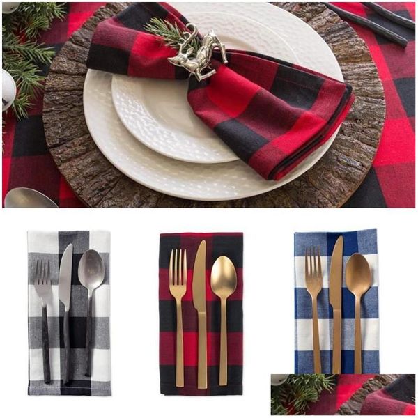 Serviette de table 10pcs noir blanc plaid coton lin napperon de mariage de Noël artisanat à manger nappe de style simple tapis livraison directe Dhol1