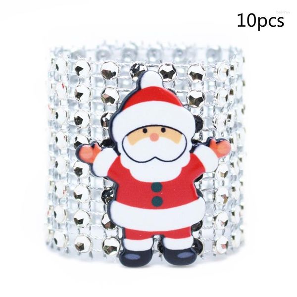 Servilleta de mesa 10 piezas Dibujos animados de Navidad Santa Claus Anillos Titulares 8 filas Oro brillante Plata Rojo Diamante Hebillas de diamantes de imitación para Navidad