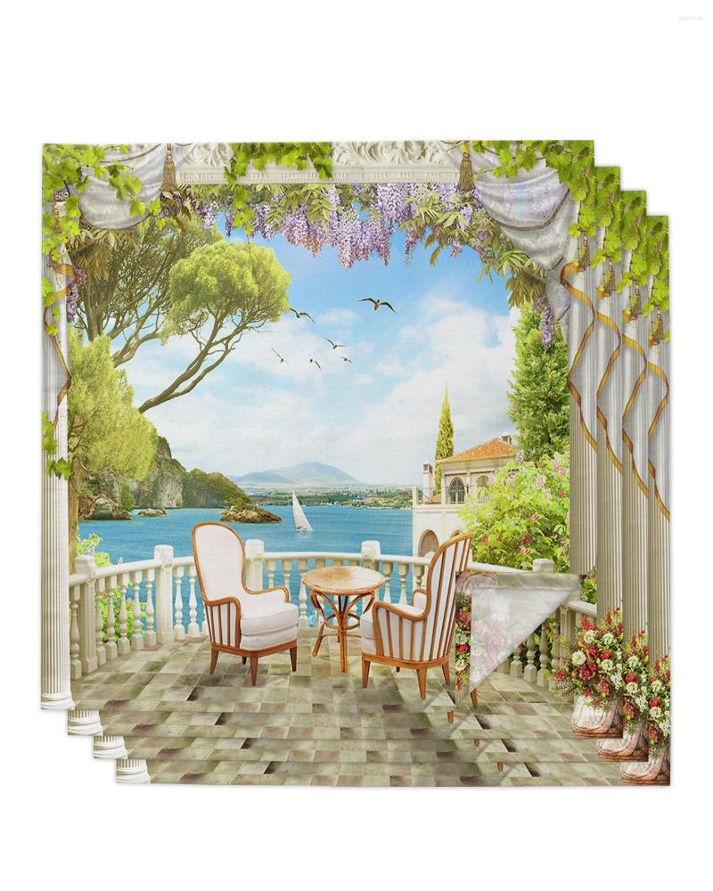 Castle Sailing Scenery Napkins - 4pcs, 50cm Square, Wedding Decoration, Kitchen Dinner, Serving