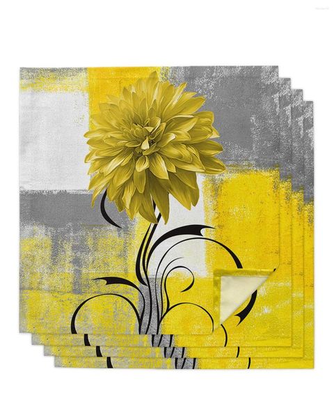 Serviette de table 4 pièces Dahlia peinture à l'huile ligne plante jaune carré 50cm décoration de mariage tissu cuisine service serviettes