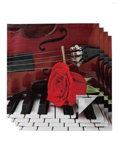 Serviette De Table 4 pcs Guitare Sur Piano Rouge Rose Fleur Carré 50 cm Décoration De Mariage Tissu Cuisine Dîner Servir Des Serviettes
