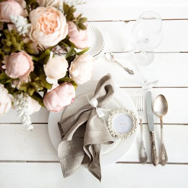 Serviette de Table 6 pièces, serviettes naturelles, ourlet blanc pour fête de mariage, tissu en dentelle, lin et coton, 231031