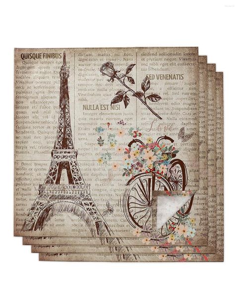 Naqueta de mesa de mesa Retro Eiffel Tower Bicycle Rose Flower 4/6/8pcs Cocina de 50x50 cm Servir platos Productos textiles para el hogar