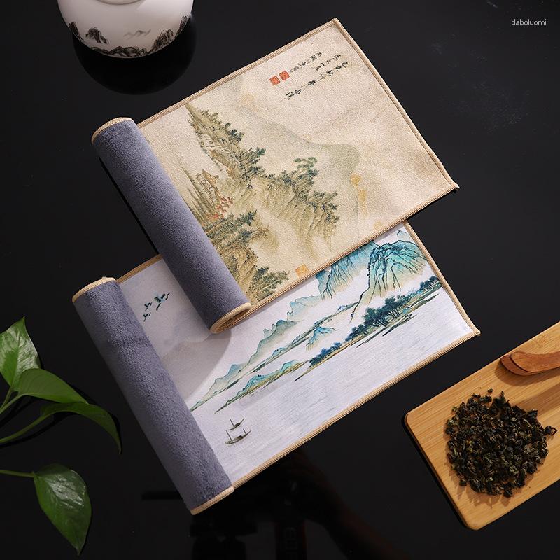 Tabela de guardanapo camurça do estilo chinês Antigo pano de absorção de chá de chá pintado de rio Qingming Festival de água 18x40cm