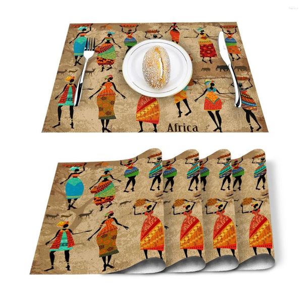 Table Runner 4/6pcs Set Mats African Woman Cultura de baile Jarrón de baile Accesorios de cocina de servilleta impresa Partido para la fiesta del hogar