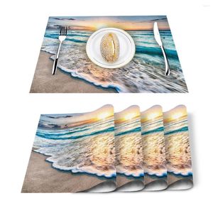 Chemin de Table 4/6 pièces ensemble tapis bleu mer vagues coucher de soleil soleil imprimé serviette cuisine accessoires maison fête napperons décoratifs