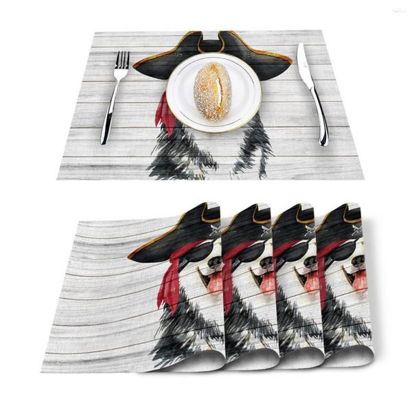 Camino de mesa 4/6 Uds juego de alfombrillas pirata Husky en un tablero de madera servilleta impresa accesorios de cocina fiesta en casa manteles individuales decorativos