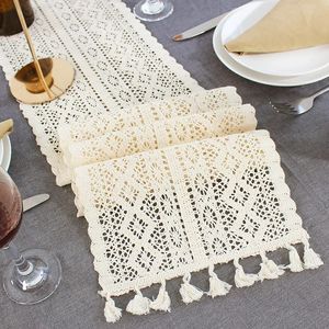 Tafelloper Beige gehaakte kanten tafelloper met kwastje Katoen Bruiloftsdecor Hol tafelkleed Scandinavische romantiek Tafelkleed Koffiebedlopers 231216