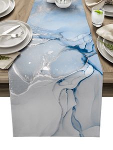 Chemin de table Nappe de texture de marbre bleu Coureur Nappe de dîner de Noël Décoration de fête de mariage Nappe en lin de coton 230408