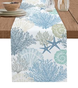 Table Runner Blue Marine Coral Shells Starfish Table Runner for Wedding Decoration Modern Party Home Decoration Tablecloth 230818