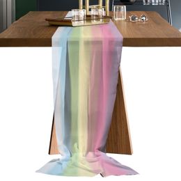 Tafelloper Candy Rainbow Stripes Sheer Chiffon Luxury Table Runner Dining Tafel Bruiloft Decor Gauze tafelkleed Gedrukte tafel Lopers 230811