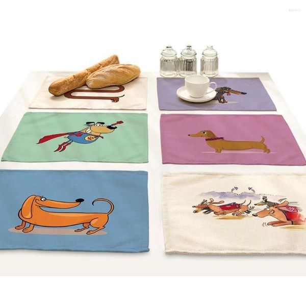 Camino de mesa con estampado de perro salchicha de dibujos animados, mantel individual con estampado de animales, posavasos para bebidas, accesorios para el hogar, manteles individuales de cocina para comedor y Bar