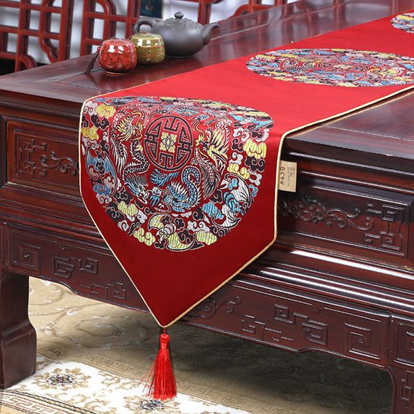 Chemin de Table Chinois Traditionnel Satin Table Top Coureur Fleur Dragon Phoenix Motif De Luxe Décoration De Mariage Gland Dentelle Table Top 230408