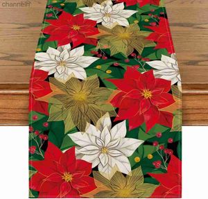 Camino de mesa Navidad Poinsettia Holly corredores de lino vestidor bufandas decoración invierno Navidad comedor decoraciones yq240330