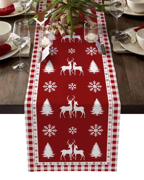 Chemin de table Noël flocon de neige wapiti rouge chemin de table à carreaux famille table de mariage drapeau Pad décoration centrale fête longue nappe 230408