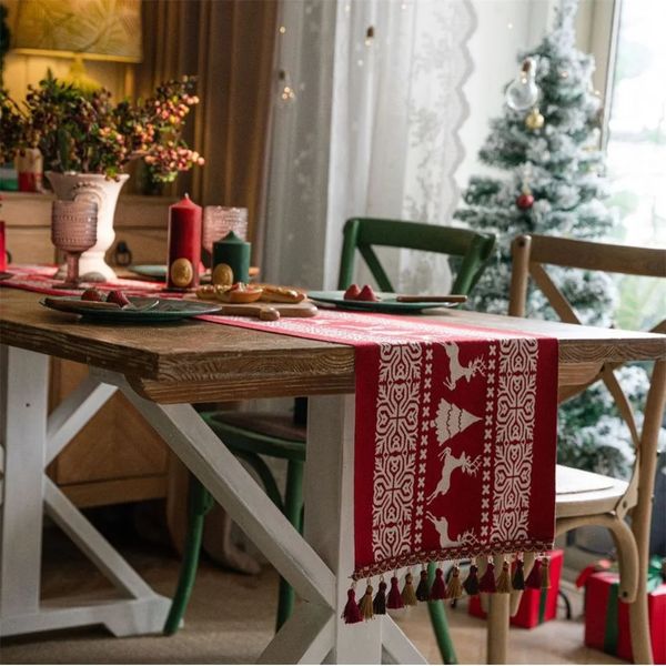 Table Runner Christmas Snowman Printing Natecoth Elk with Tassels Home Holiday Festival Noël décor 231018