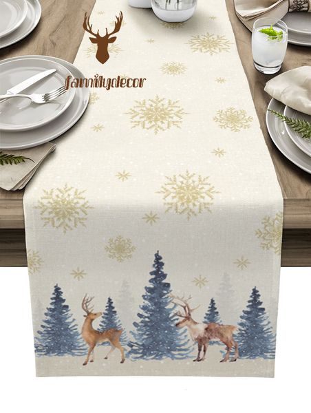 Chemin de Table De Noël Hiver Arbre Flocon De Neige Elk Décoration De Fête De Mariage Tissu De Cuisine Napperons Pièce Maîtresse 230227