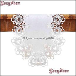 Pable de mesa de mesa Textiles para el hogar Garden Luxury Borded Lace Trim White Color White Polyester Slubbed Style Floral Gabinet TV Sta